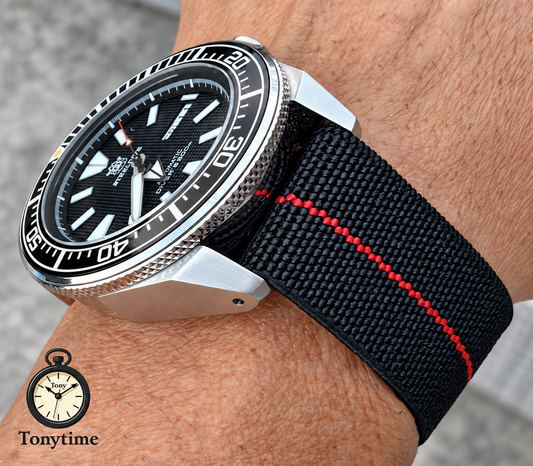 Marine Flex Elastic Watch Strap | Black w/ Red Stripe | Premium 22mm NATO Style