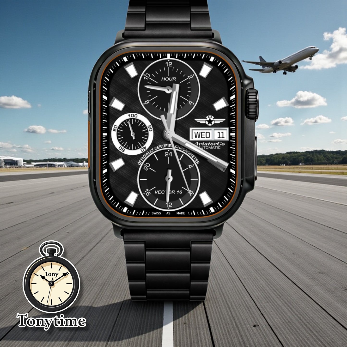 AviatorCo Vector 16 Apple Watch Clockology Face – Dual Time Chronograph with 24 Hour Subdial & Day Date | Ultra & Series Models