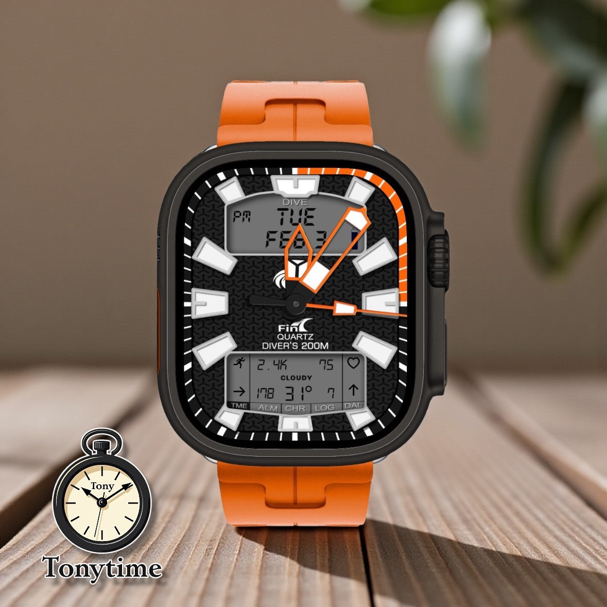 Fin Orange Ops Diver – Tactical Hybrid Watch Face for Apple Watch and Clockology