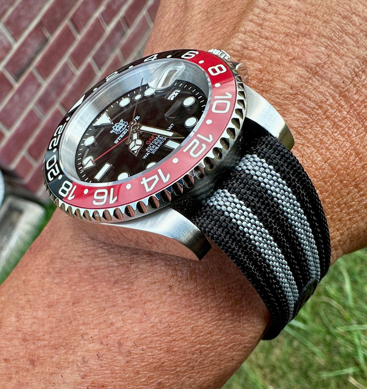 20mm Premium Black Gray Nylon Traditional Watch Strap With Stainless Steel Deployment NATO
