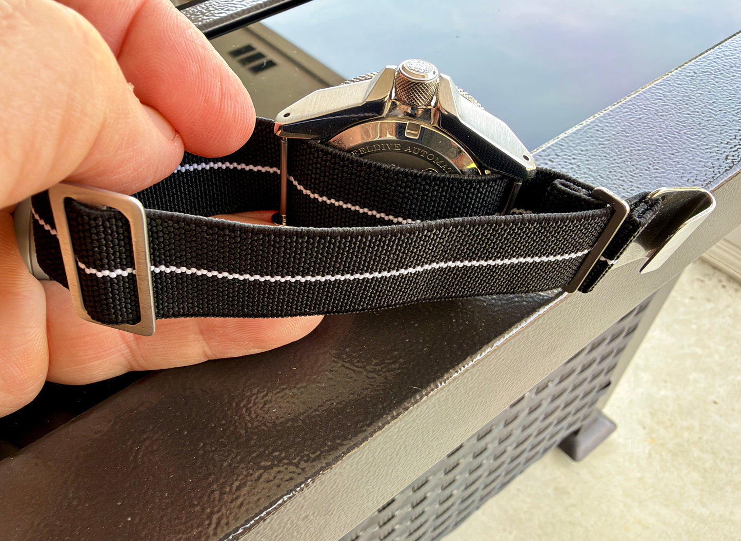 Marine Flex Elastic Watch Strap | Black with White Stripe | Premium 22mm NATO Style