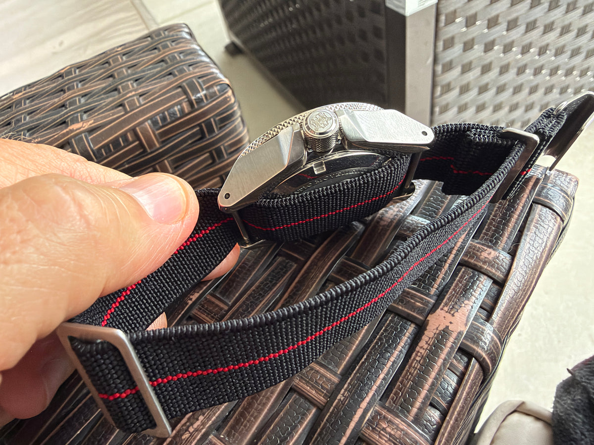 Marine Flex Elastic Watch Strap | Black w/ Red Stripe | Premium 22mm NATO Style