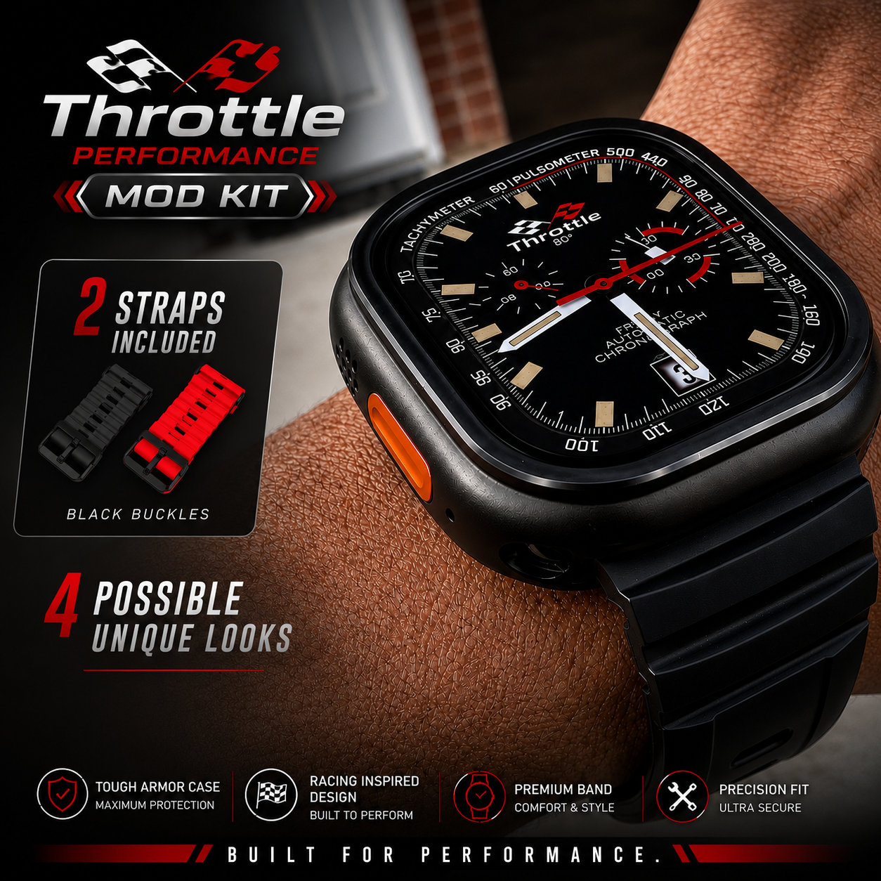 Throttle Performance Armor Mod Kit for Apple Watch Ultra | 2 Premium Bands + Glass Screen Protector