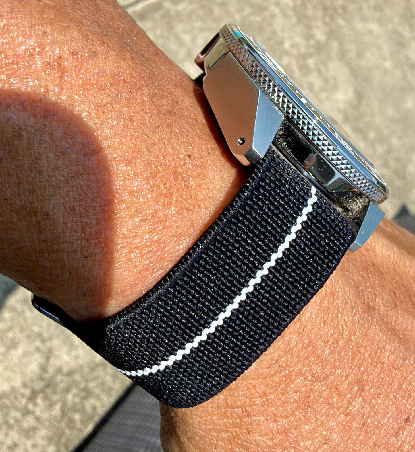 Marine Flex Elastic Watch Strap | Black with White Stripe | Premium 22mm NATO Style