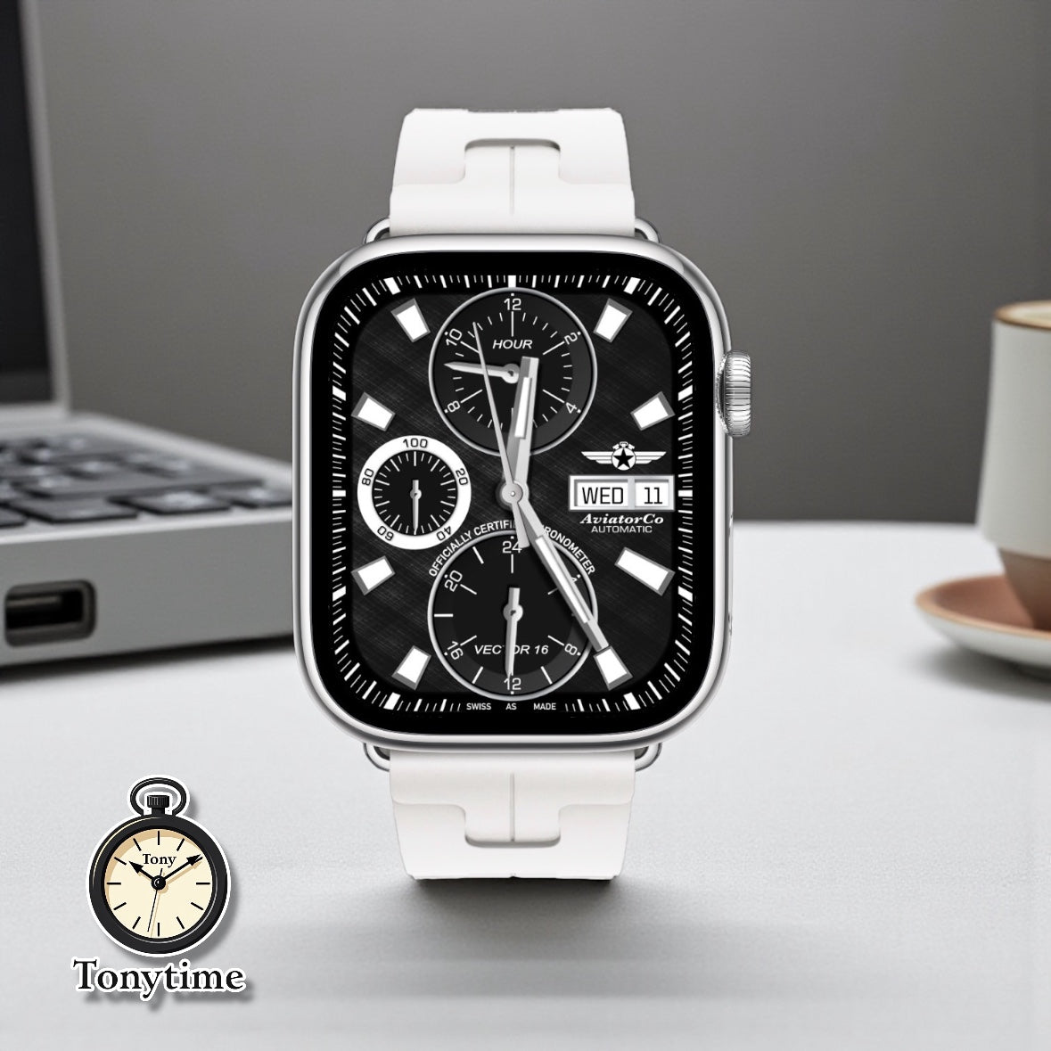 AviatorCo Vector 16 Apple Watch Clockology Face – Dual Time Chronograph with 24 Hour Subdial & Day Date | Ultra & Series Models