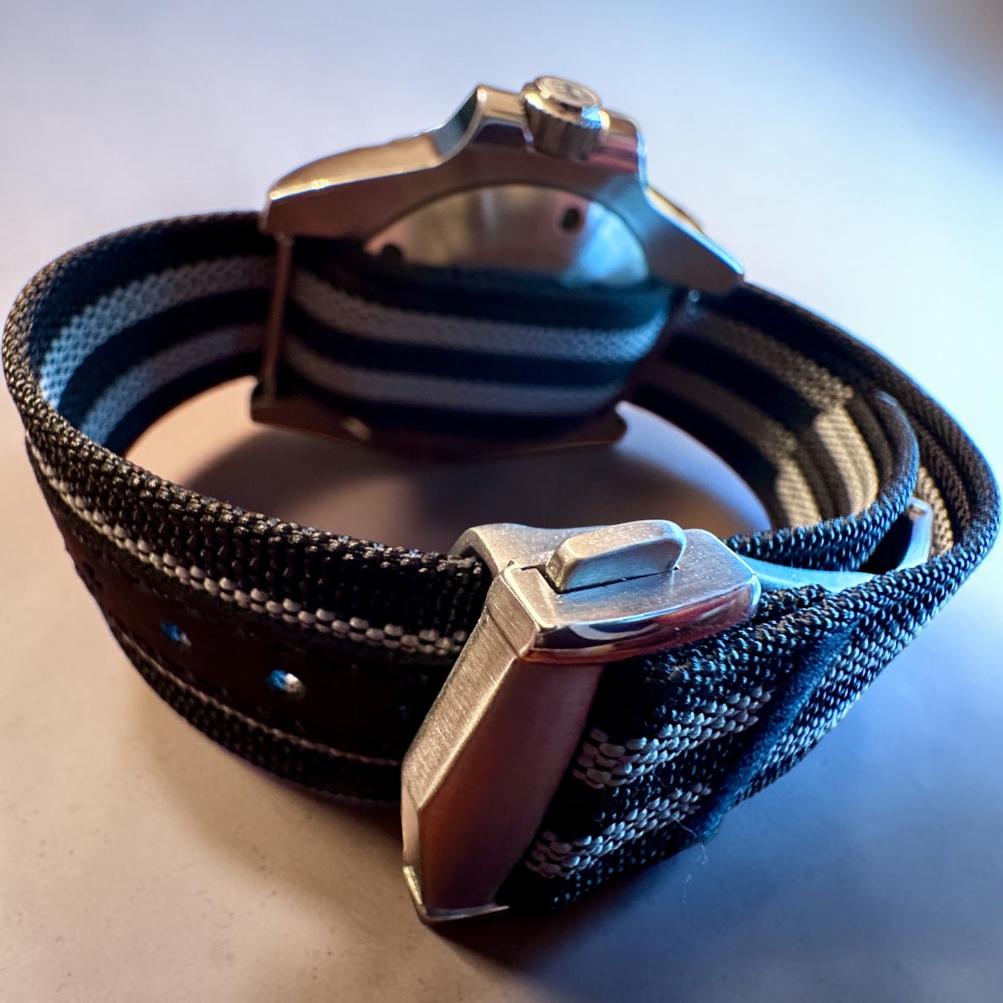 20mm Premium Black Gray Nylon Traditional Watch Strap With Stainless Steel Deployment NATO