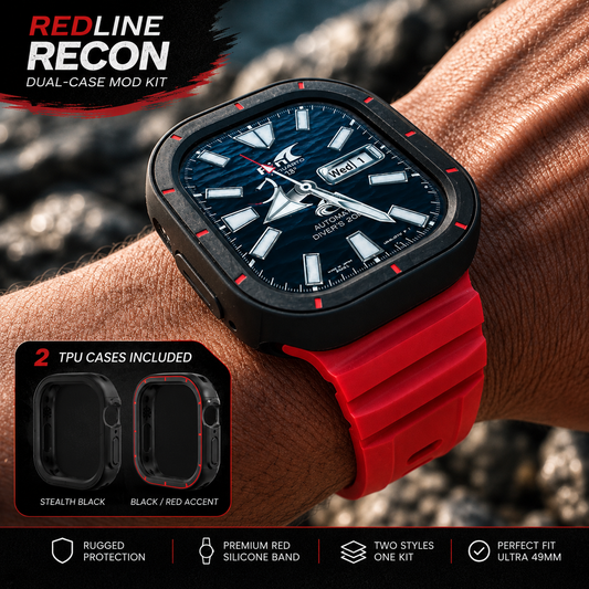 Apple Watch Ultra 49mm Redline Recon Dual-Case Mod Kit | Premium Red Band + 2 TPU Cases