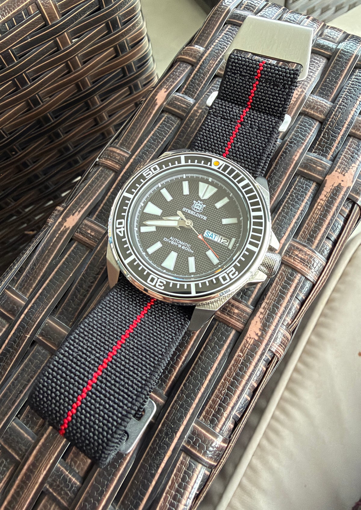 Marine Flex Elastic Watch Strap | Black w/ Red Stripe | Premium 22mm NATO Style