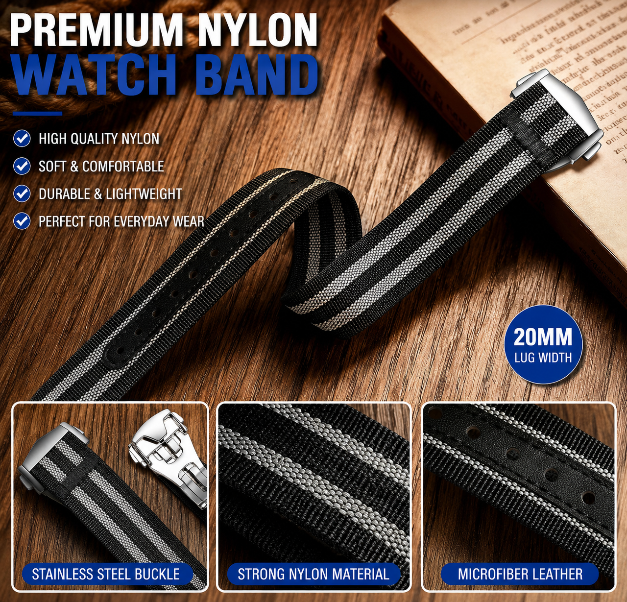 20mm Premium Black Gray Nylon Traditional Watch Strap With Stainless Steel Deployment NATO