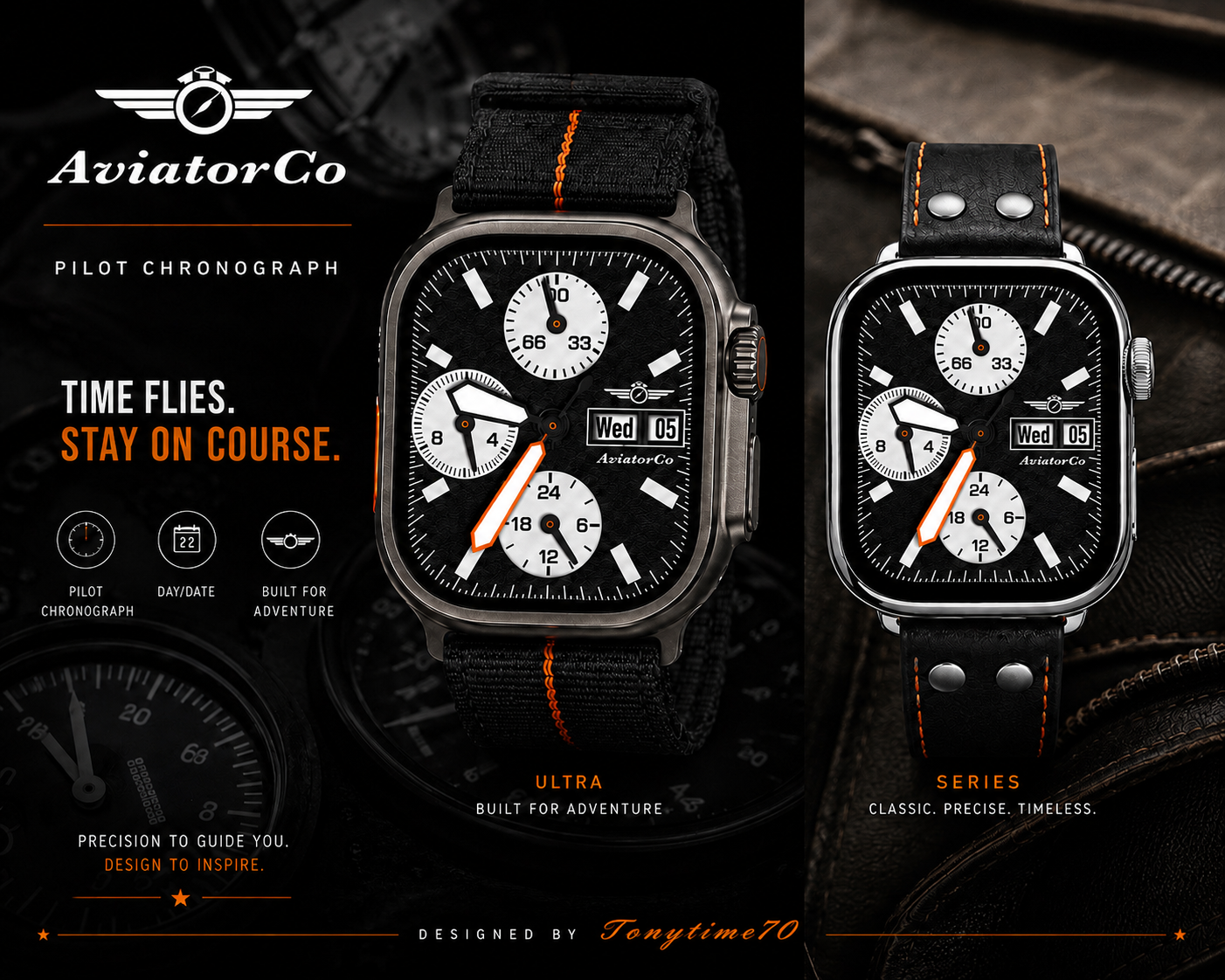 AviatorCo Pilot Chronograph Apple Watch Face for Clockology | Aviation Watch Face