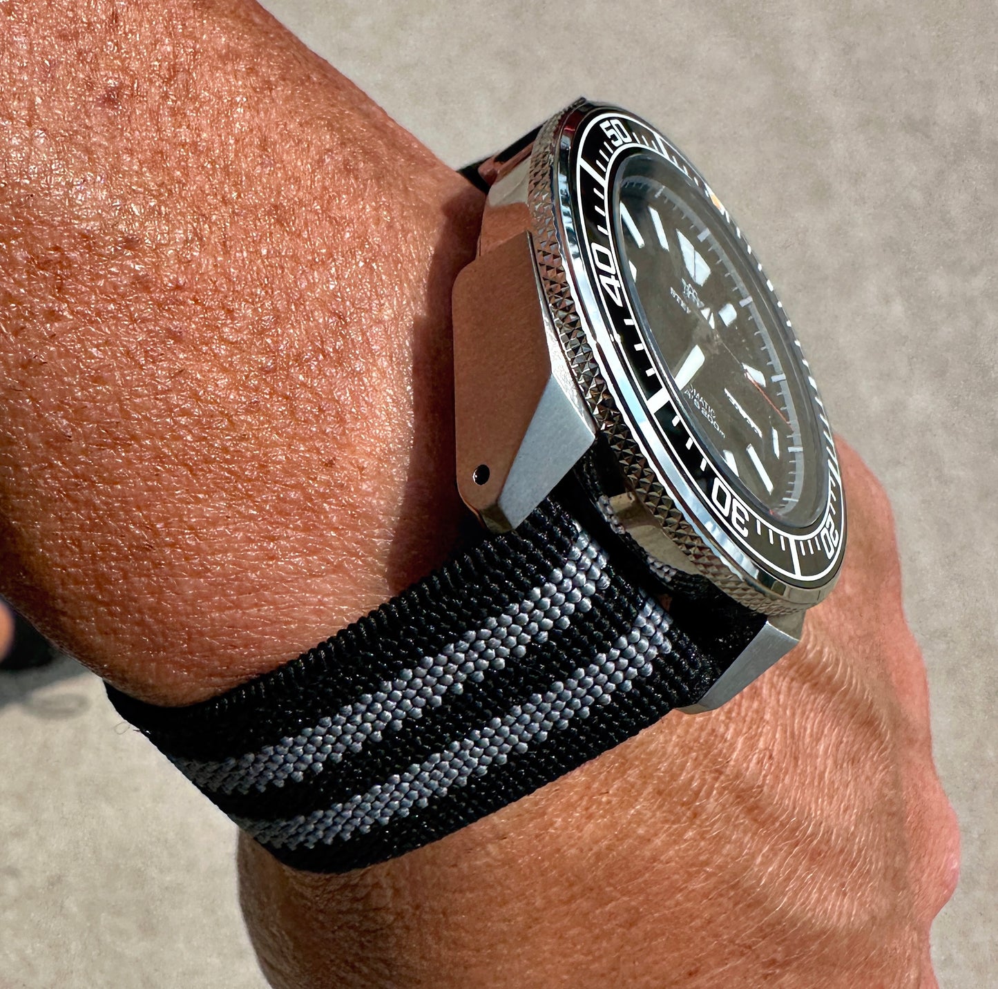 Marine Flex Elastic Watch Strap | Black w/ Gray Stripes | Premium 22mm NATO Style