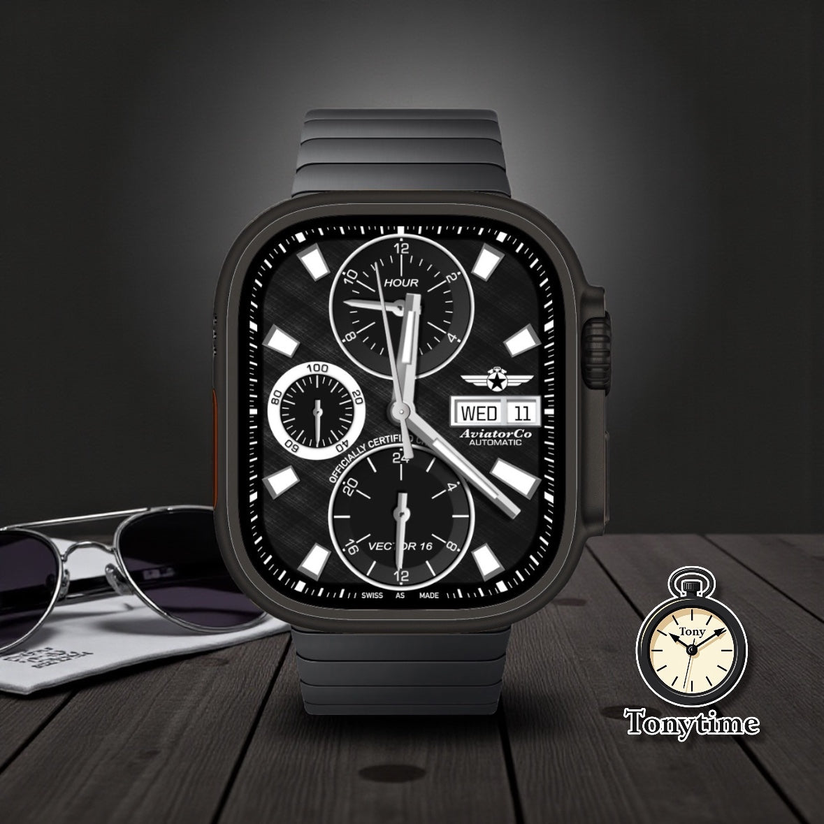 AviatorCo Vector 16 Apple Watch Clockology Face – Dual Time Chronograph with 24 Hour Subdial & Day Date | Ultra & Series Models