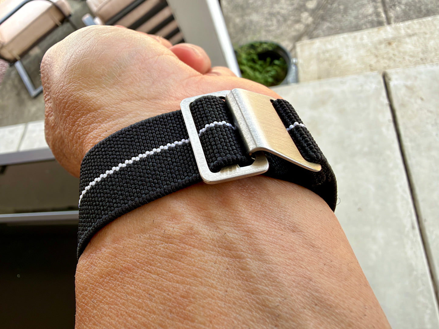 Marine Flex Elastic Watch Strap | Black with White Stripe | Premium 22mm NATO Style