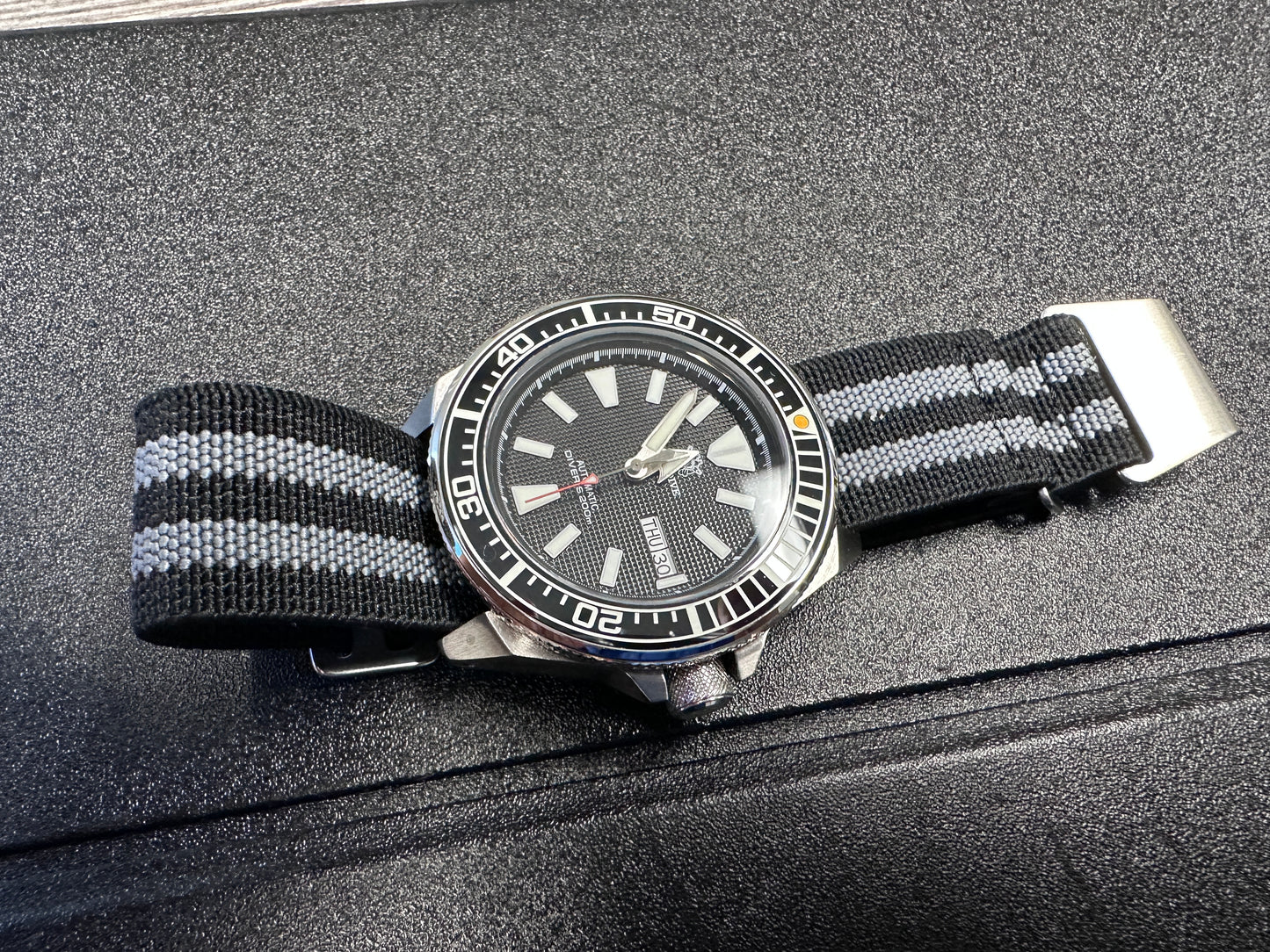 Marine Flex Elastic Watch Strap | Black w/ Gray Stripes | Premium 22mm NATO Style