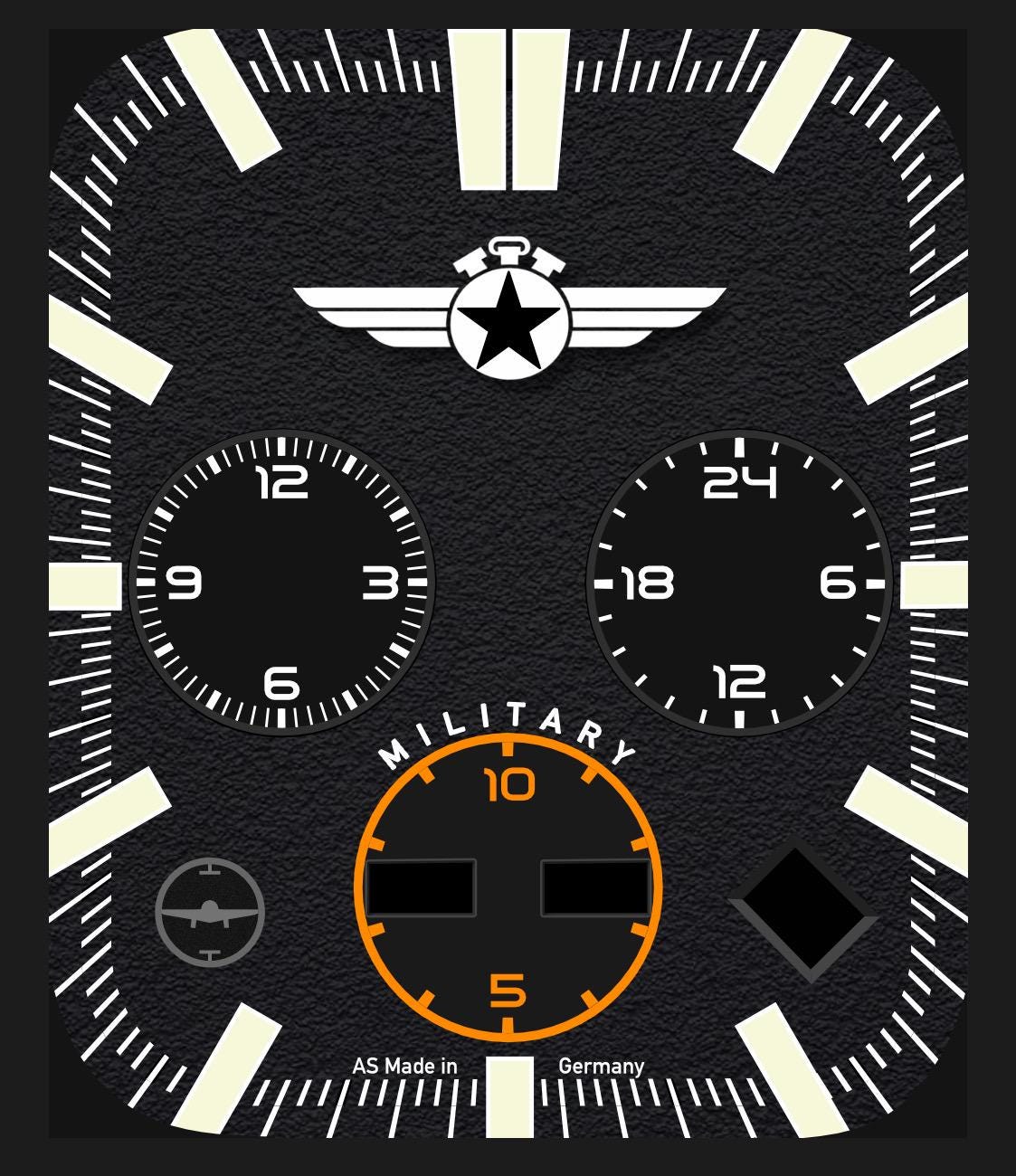 AviatorCo Black Squadron Pilot Watch Face – Military Chronograph Clockology Design (Digital Download)