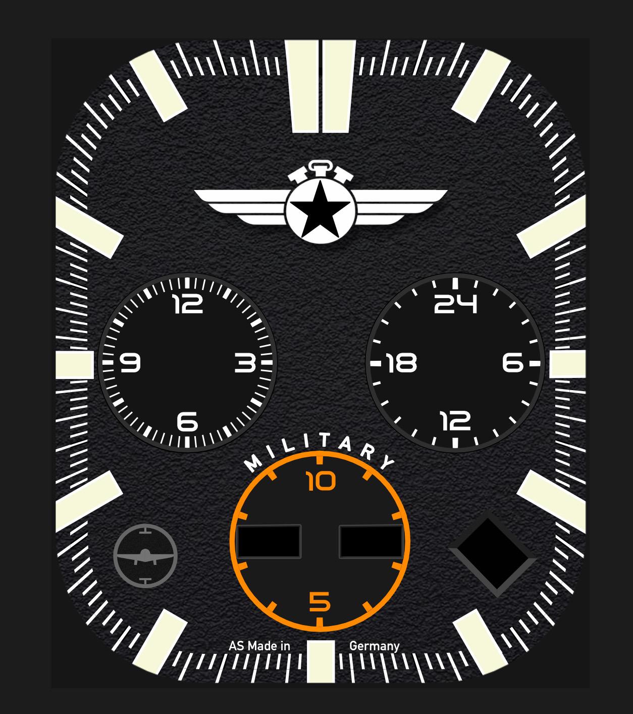 AviatorCo Black Squadron Pilot Watch Face – Military Chronograph Clockology Design (Digital Download)
