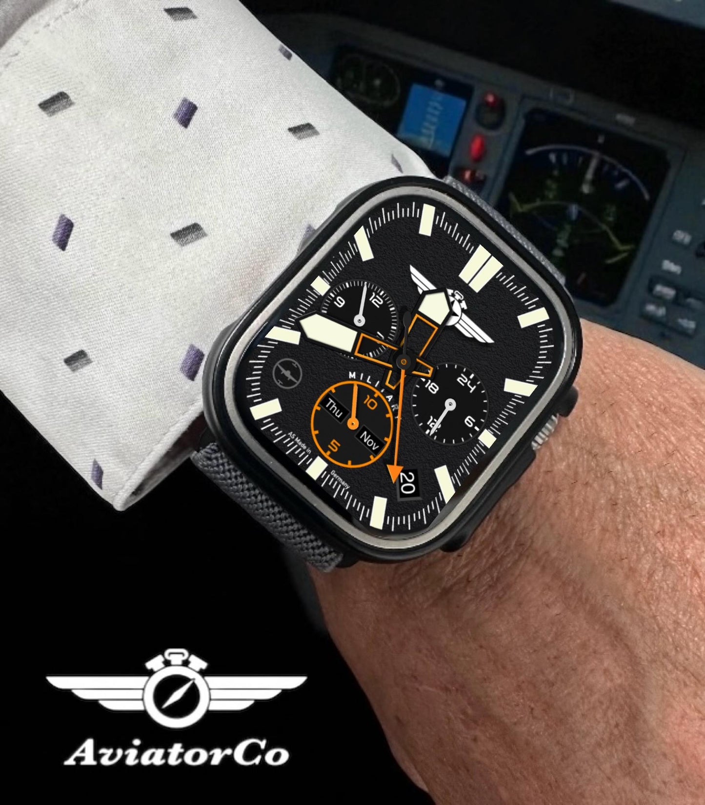 AviatorCo Black Squadron Pilot Watch Face – Military Chronograph Clockology Design (Digital Download)