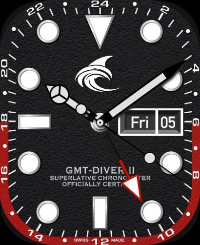 Fin GMT-Diver II Watch Face – Red & Grey Bezels (Clockology App)